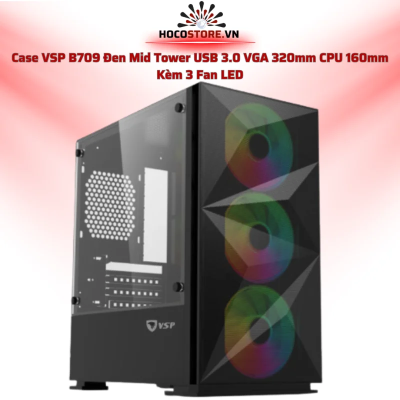Case Máy Tính VSP Gaming Mid Tower B709 Đen + 3 Fan LED | HOCO STORE PC