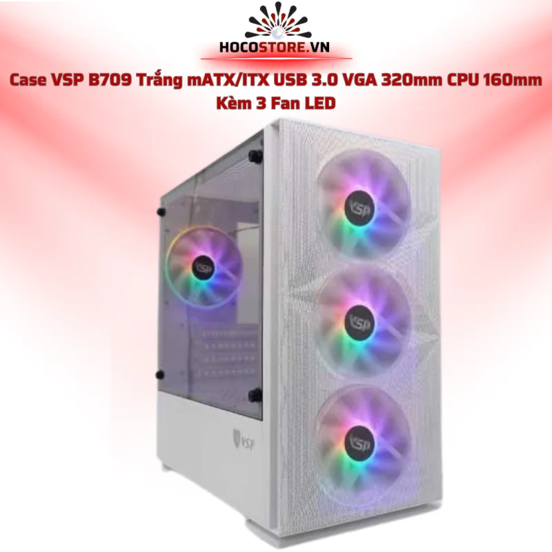 Case Máy Tính VSP Gaming Mid Tower B709 Trắng + 3 Fan LED | HOCO STORE PC