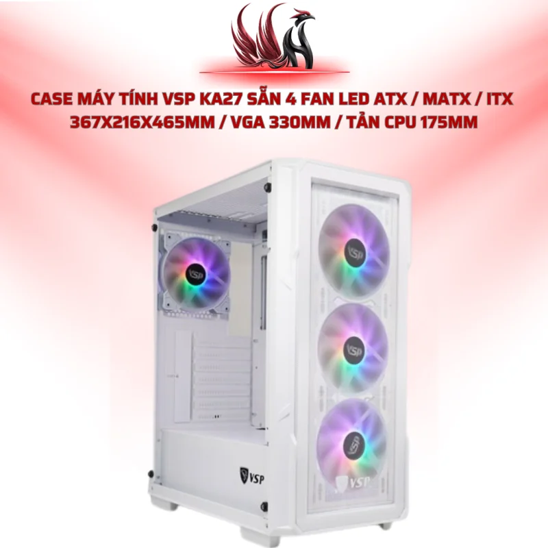 Case Máy Tính VSP KA27 Sẵn 4 Fan LED ATX / MATX / ITX  367x216x465mm / VGA 330mm / Tản CPU 175mm | HOCO STORE PC