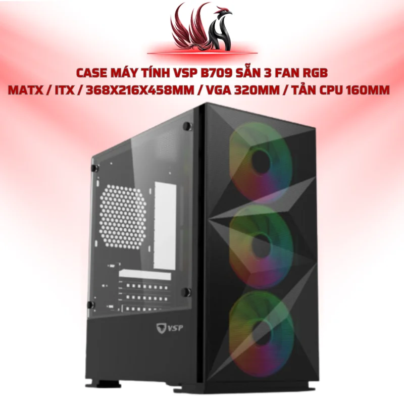Case Máy Tính VSP B709 Sẵn 3 Fan RGB  MATX / ITX / 368x216x458mm / VGA 320mm / Tản CPU 160mm    | HOCO STORE PC