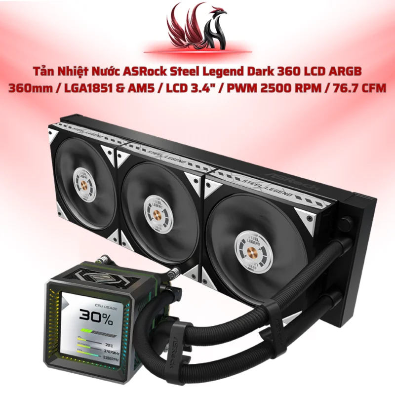 Tản Nhiệt Nước ASRock Steel Legend Dark 360 LCD ARGB – AIO 360mm Flagship Màu Đen Cao Cấp | HOCO STORE PC