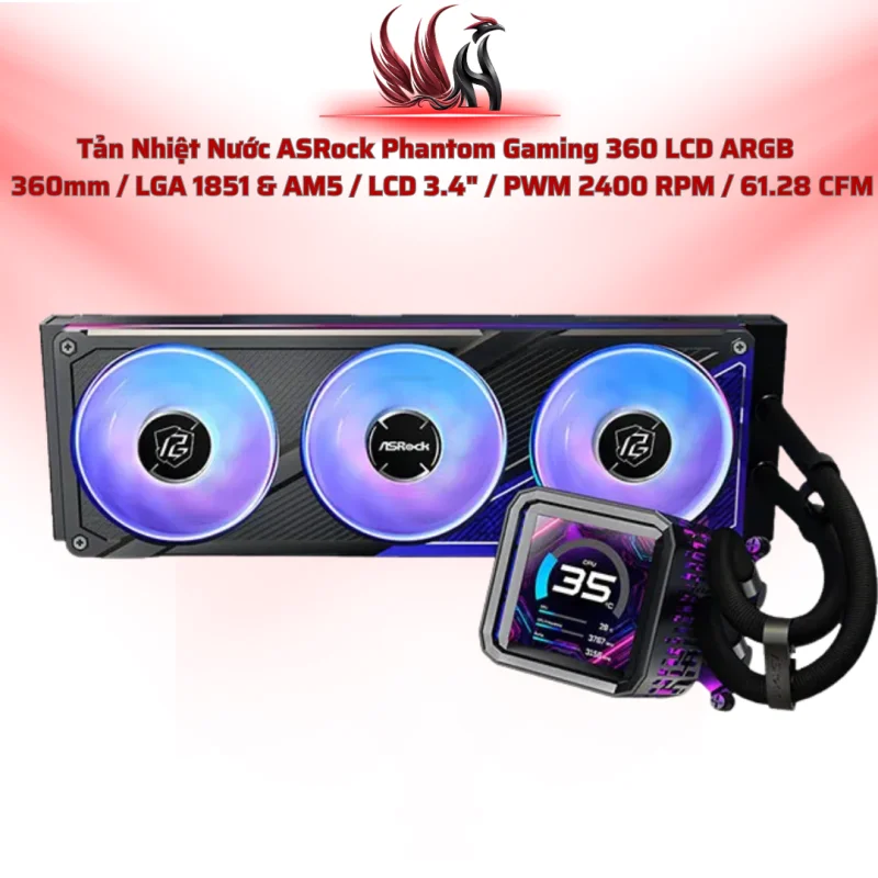 Tản Nhiệt Nước ASRock Phantom Gaming 360 LCD ARGB – AIO 360mm Màn Hình LCD Cao Cấp | HOCO STORE PC