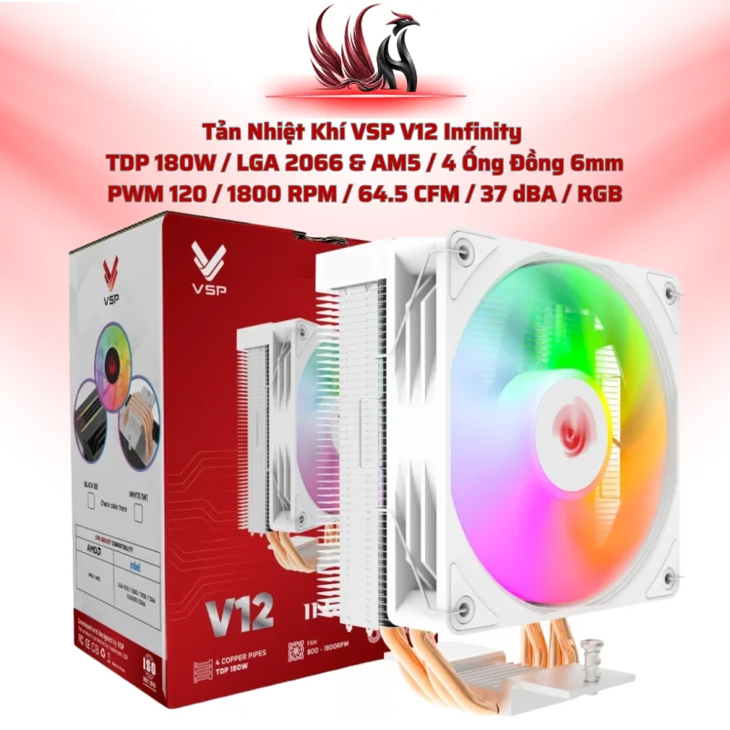 Tản Nhiệt Khí VSP V12 Infinity White RGB – Infinity Mirror, 4 Heatpipes, TDP 180W | HOCO STORE PC 