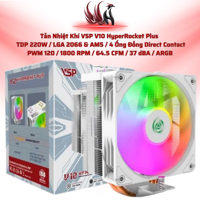 Tản Nhiệt Khí VSP V10 HyperRocket Plus White ARGB – 4 Heatpipes, PWM 120MM, TDP 220W | HOCO STORE PC