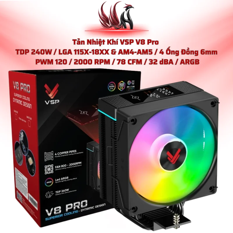 Tản Nhiệt Khí VSP V8 Pro Black ARGB – LED Monitor, 4 Heatpipes, TDP 240W Cho Gaming PC | HOCO STORE PC