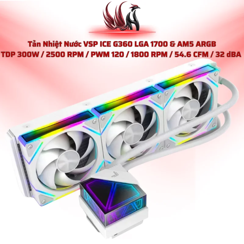 Tản Nhiệt Nước VSP ICE G360 LGA 1700 & AM5 ARGB TDP 300W / 2500 RPM / PWM 120 / 1800 RPM / 54.6 CFM / 32 dBA  | HOCO STORE PC