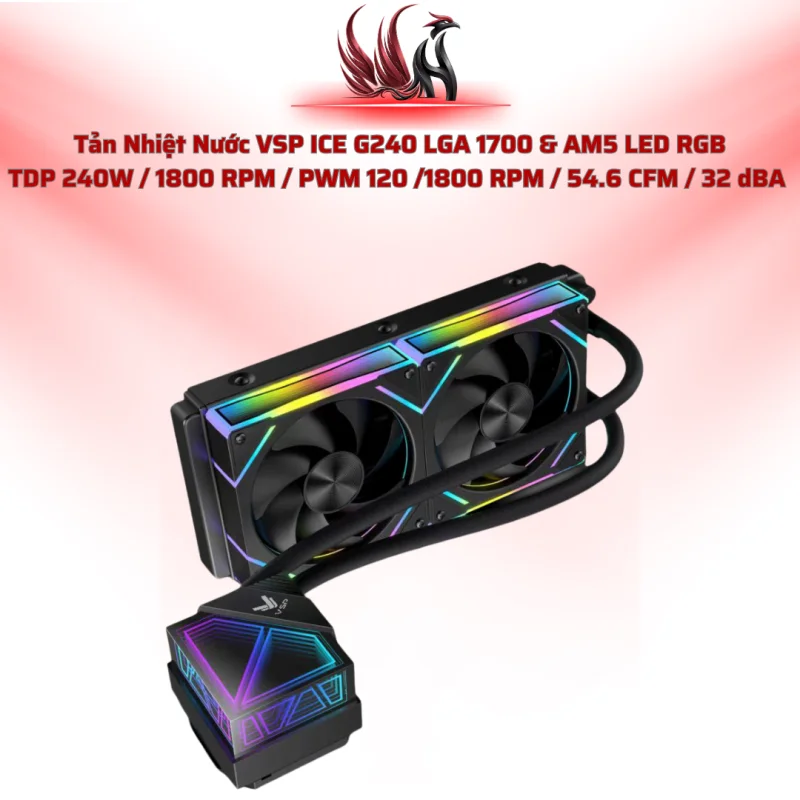 Tản Nhiệt Nước VSP ICE G240 LGA 1700 & AM5 LED RGB  TDP 240W / 1800 RPM / PWM 120 /1800 RPM / 54.6 CFM / 32 dBA  | HOCO STORE PC 