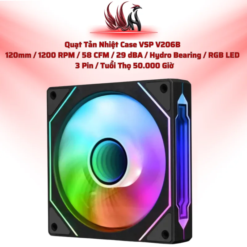 Quạt Tản Nhiệt Case VSP V206B  120mm / 1200 RPM / 58 CFM / 29 dBA / Hydro Bearing / RGB LED   3 Pin / Tuổi Thọ 50.000 Giờ | HOCO STORE PC