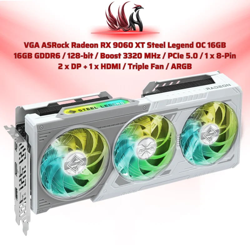 VGA ASRock Radeon RX 9070 XT Steel Legend 16GB  16GB GDDR6 / 256-bit / Boost 2970 MHz / PCIe 5.0 / 2 x 8-Pin  3 x DP + 1 x HDMI / Triple Fan| HOCO STORE PC
