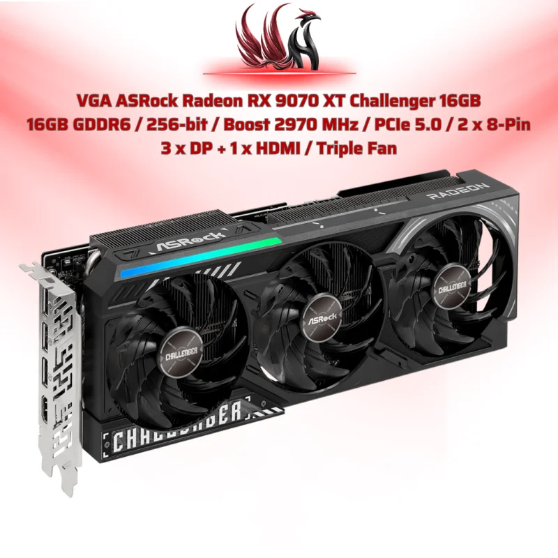 VGA ASRock Radeon RX 9070 XT Challenger 16GB  16GB GDDR6 / 256-bit / Boost 2970 MHz / PCIe 5.0 / 2 x 8-Pin  3 x DP + 1 x HDMI / Triple Fan | HOCO STORE PC