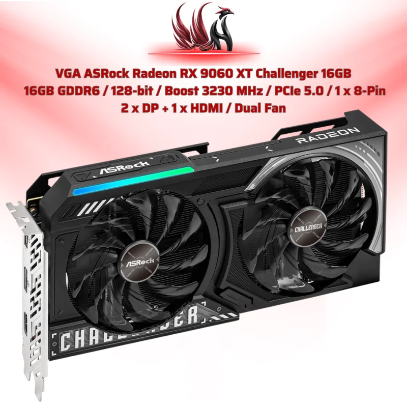 VGA ASRock Radeon RX 9060 XT Challenger 16GB  16GB GDDR6 / 128-bit / Boost 3230 MHz / PCIe 5.0 / 1 x 8-Pin 2 x DP + 1 x HDMI / Dual Fan | HOCO STORE PC