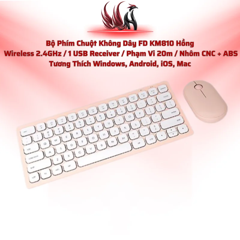 Bộ Phím Chuột Không Dây FD KM810 Hồng  Wireless 2.4GHz / 1 USB Receiver / Phạm Vi 20m / Nhôm CNC + ABS Tương Thích Windows, Android, iOS, Mac| HOCO STORE PC