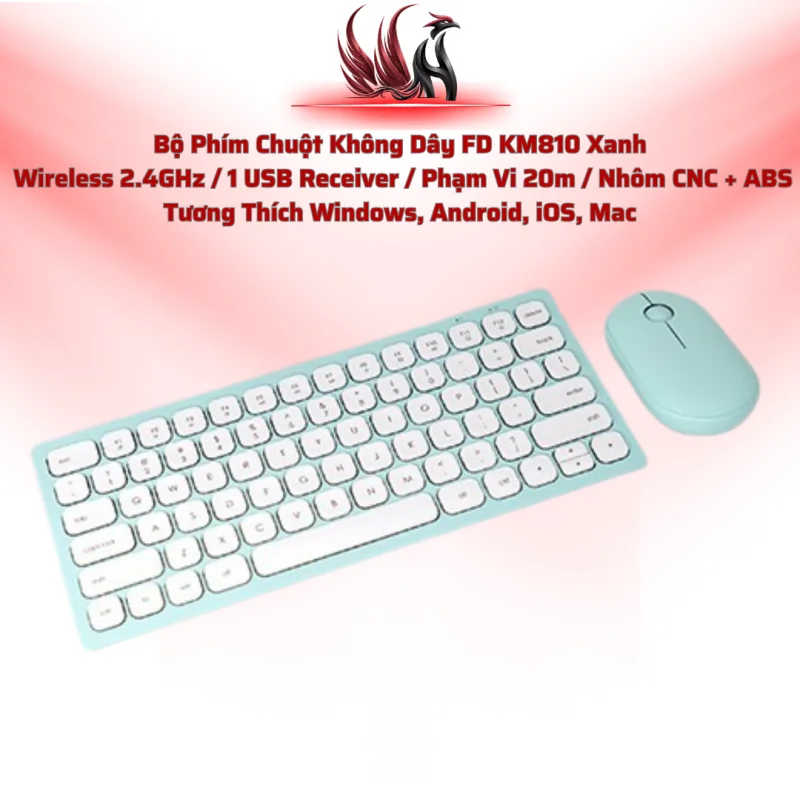 Bộ Phím Chuột Không Dây FD KM810 Xanh  Wireless 2.4GHz / 1 USB Receiver / Phạm Vi 20m / Nhôm CNC + ABS  Tương Thích Windows, Android, iOS, Mac | HOCO STORE PC