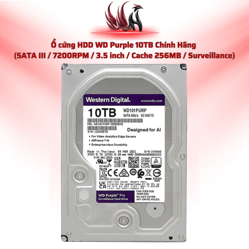 Ổ Cứng HDD WD Purple 10TB Chính Hãng – SATA III 3.5 inch Chuyên Camera Giám Sát 24/7 | HOCO STORE PC